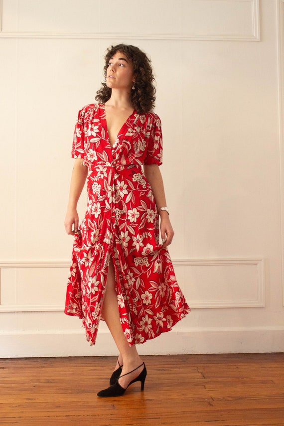 1980s Does 1940s Norma Kamali Plunge Floral Dress