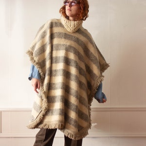 1970s Striped Blanket Wool Poncho With Crocheted Collar image 3