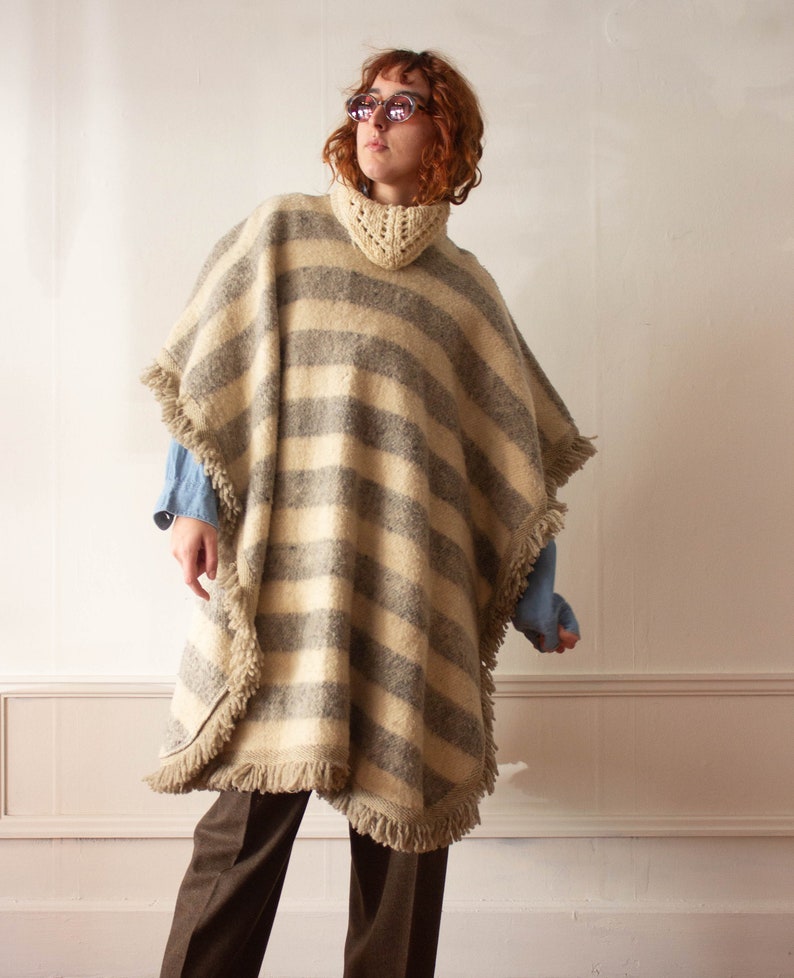 1970s Striped Blanket Wool Poncho With Crocheted Collar image 3