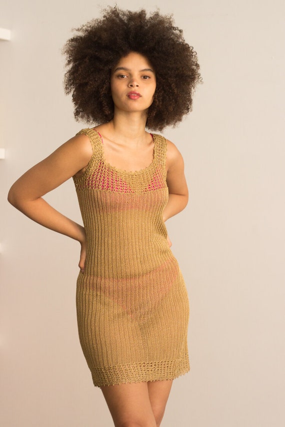1970s Gold Crocheted Mini Dress
