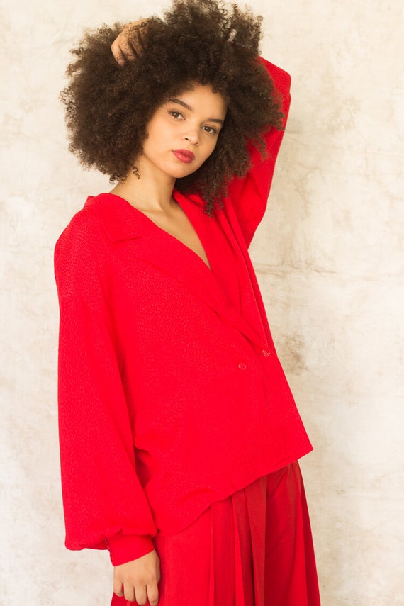 1980s Anne Klein II Red Textured Silk Blouse