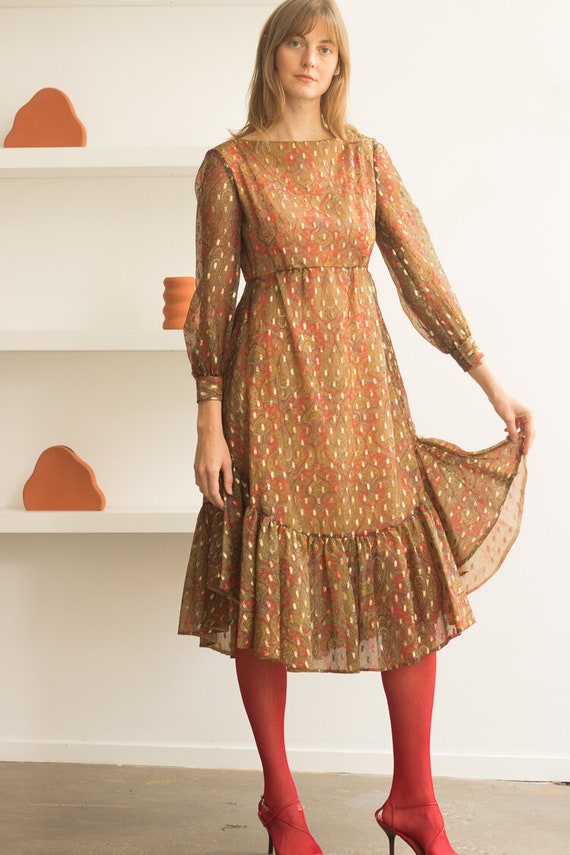 1960s Malcolm Starr Paisley Lurex Ruffled Dress