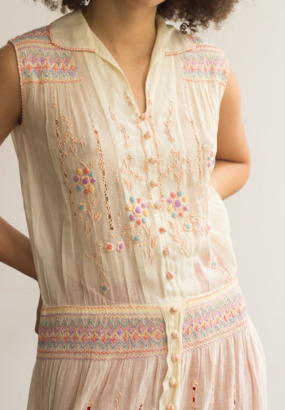 1920s Hungarian Voile Dress with Candy Colored Emb