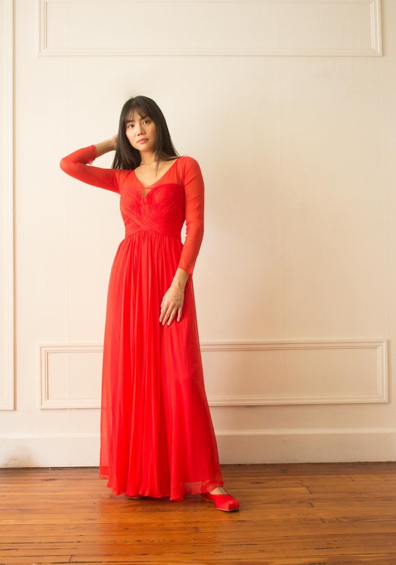 1990s Red Silk Chiffon Gown - image 3