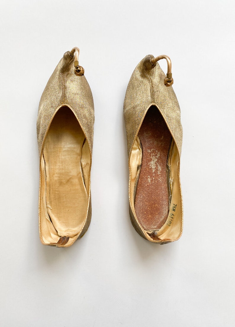 1960s Gold Lam\u00e9 Curled Toe Slippers