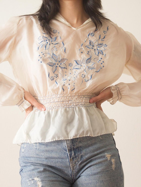 1940s Parachute Silk Embroidered Peasant Top - Bl… - image 1