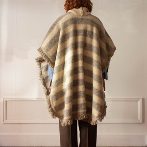 1970s Striped Blanket Wool Poncho With Crocheted Collar image 2