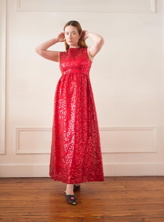 1960s Red Sequined Empire Waist Dress