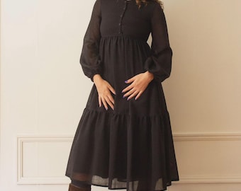 1970s Black Wool Challis Tiered Peasant Dress