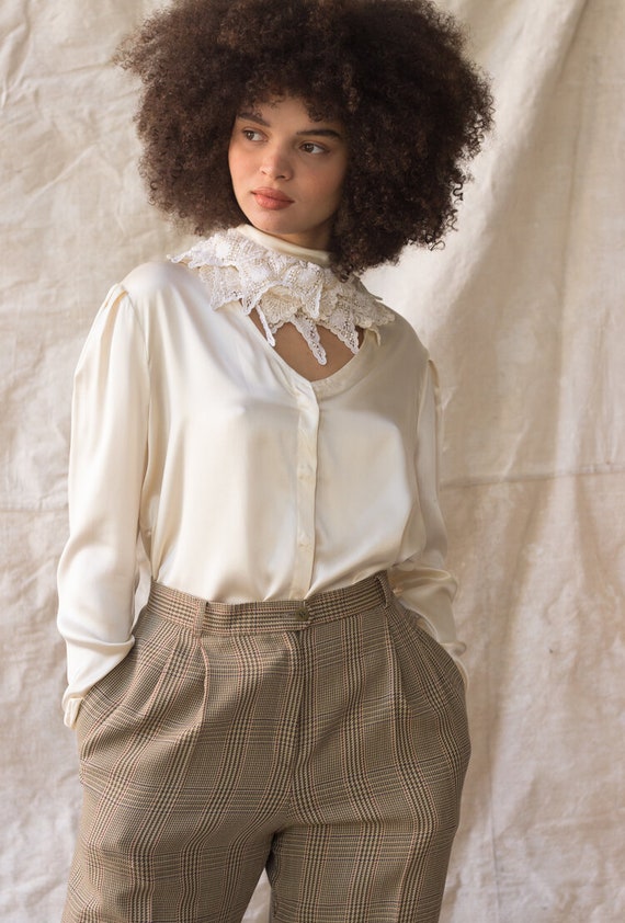 1980s Silk Charmeuse Lace Collar Blouse