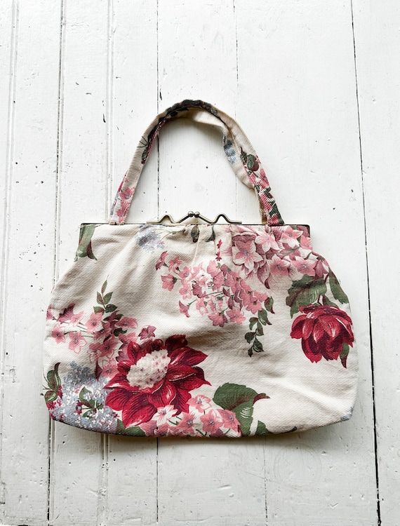 1940s Floral Bark Cloth Frame Bag - image 1