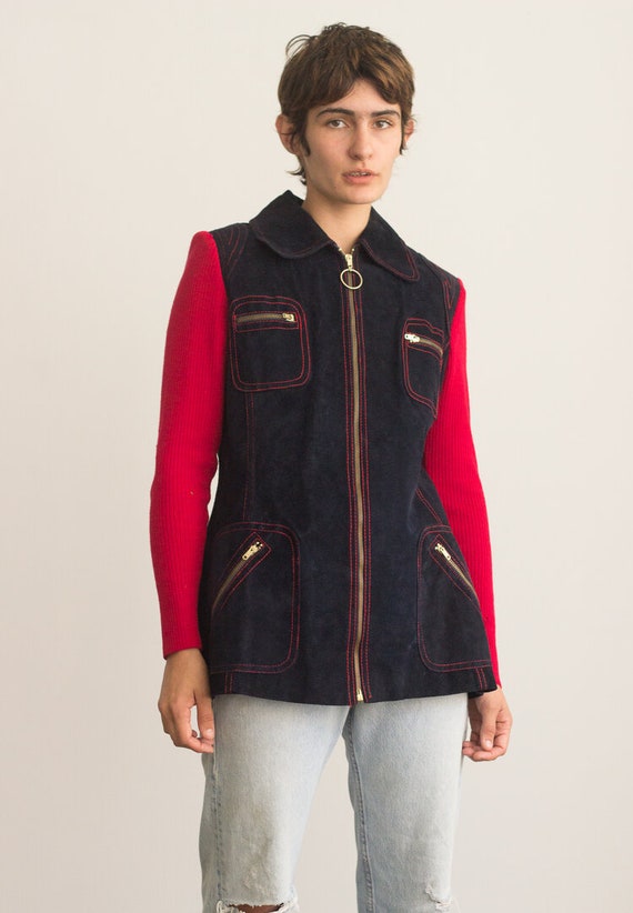 1960s Sabrina Navy Suede and Wool Knit Zippered Ja