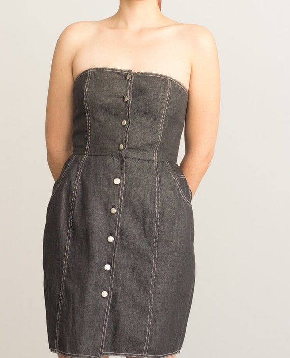 1990s Black Denim Bustier Dress