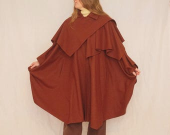 1970s Ted Lapidus Rich Terracotta Wool Cape with Fur Trim