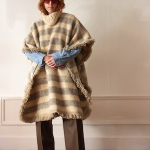 1970s Striped Blanket Wool Poncho With Crocheted Collar image 1