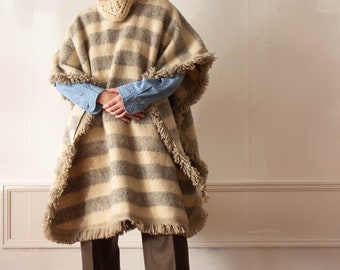 1970s Striped Blanket Wool Poncho With Crocheted Collar