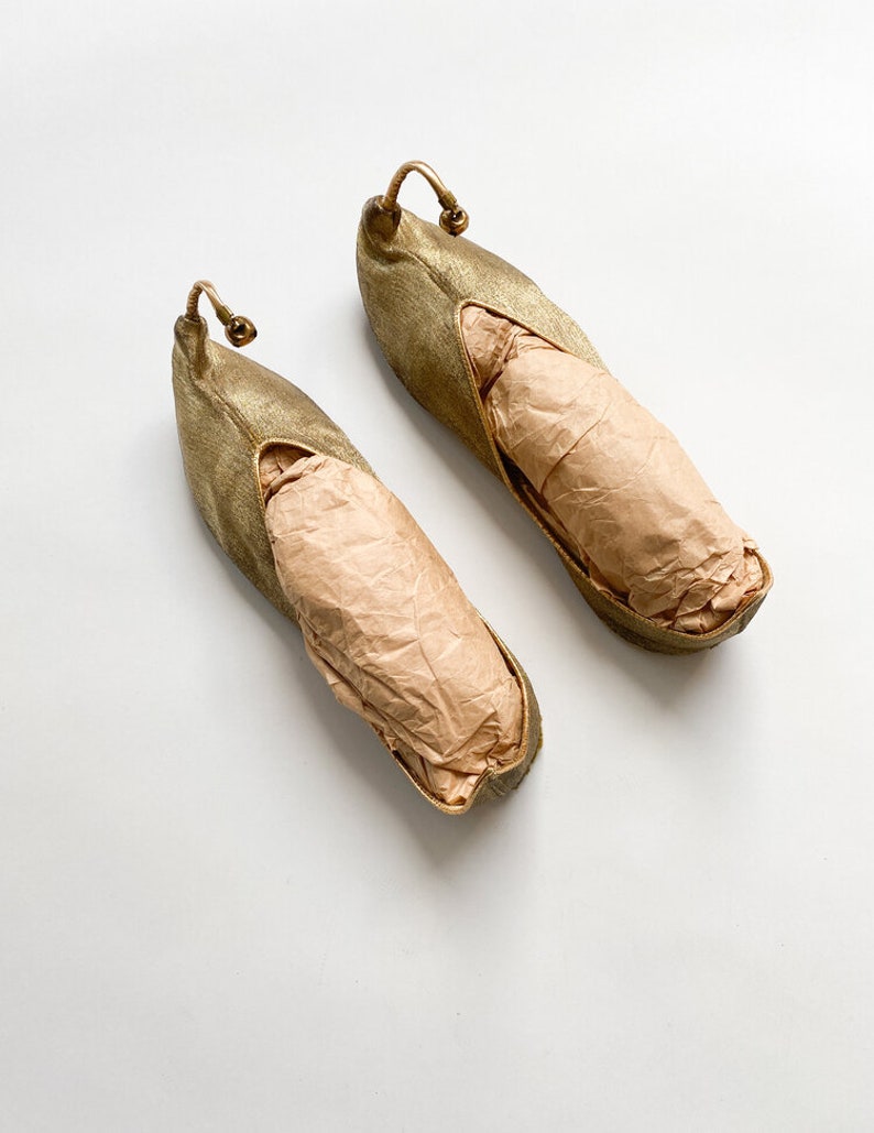 1960s Gold Lam\u00e9 Curled Toe Slippers