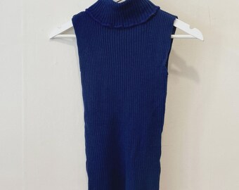 1970s Ribbed Knit Sleeveless Turtleneck - Navy