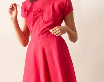 1950s Peony Pink Linen Garden Party Dress