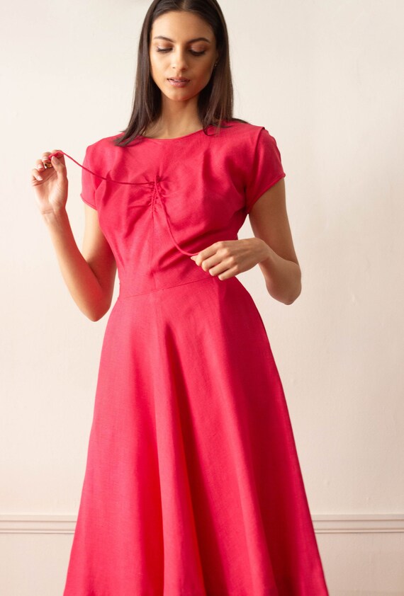 1950s Peony Pink Linen Garden Party Dress