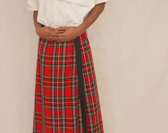 1960s Red Wool Tartan Wrap Skirt with Grosgrain Trim