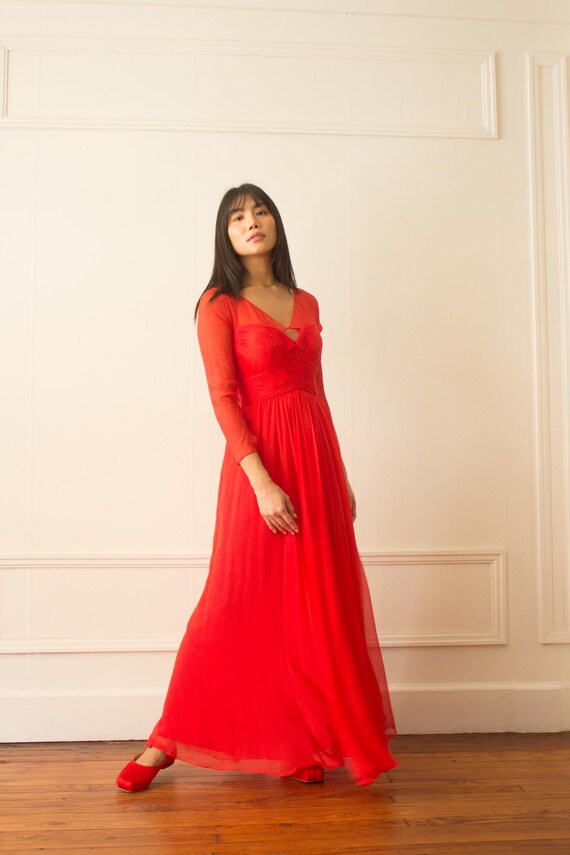 1990s Red Silk Chiffon Gown - image 2