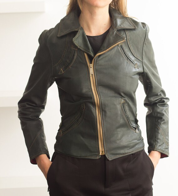 1970s KOK NYC Dark Green Leather Moto Jacket
