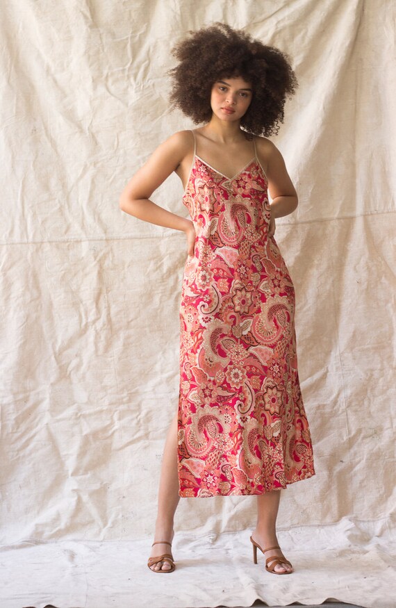 1990s Modern Paisley Print Silk Slip Dress