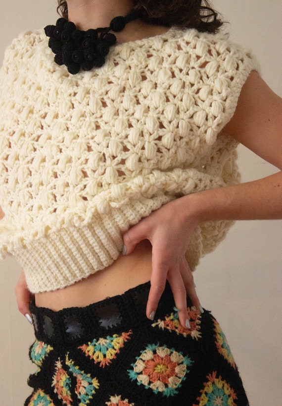 1970s Creme Hand-Crocheted Vest