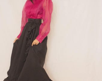 1970s Black Taffeta Ruffled Wrap Evening Skirt