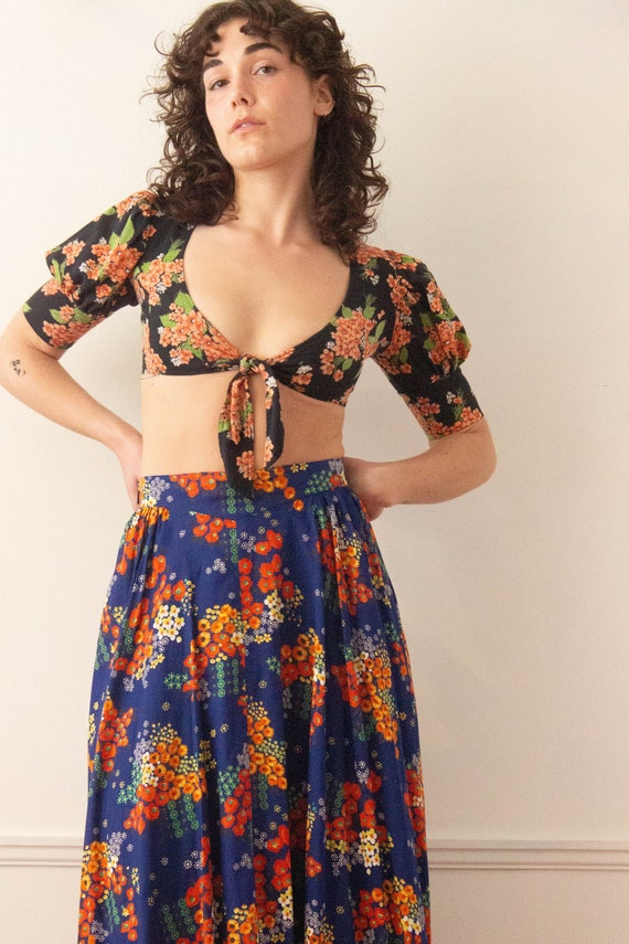 1970s Floral Print Puff Sleeve Crop Top