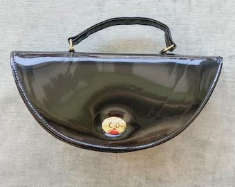 1980s Black Patent Leather Top Handle Crescent Bag