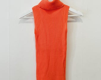 1970s Ribbed Knit Sleeveless Turtleneck - Orange