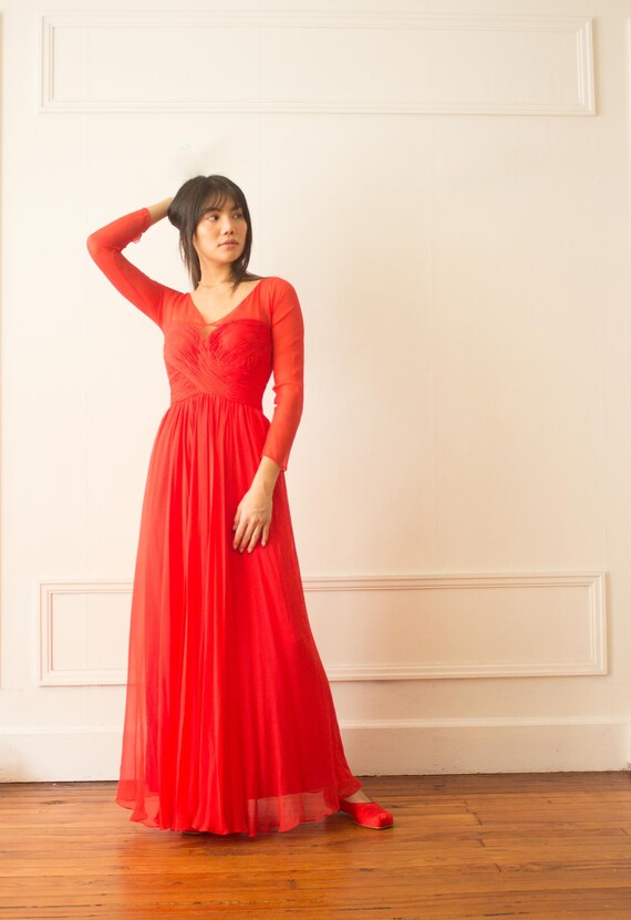 1990s Red Silk Chiffon Gown - image 1