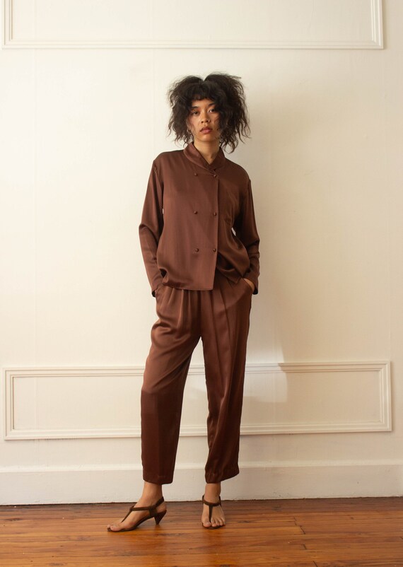 1980s Hazelnut Silk Evening Pajamas