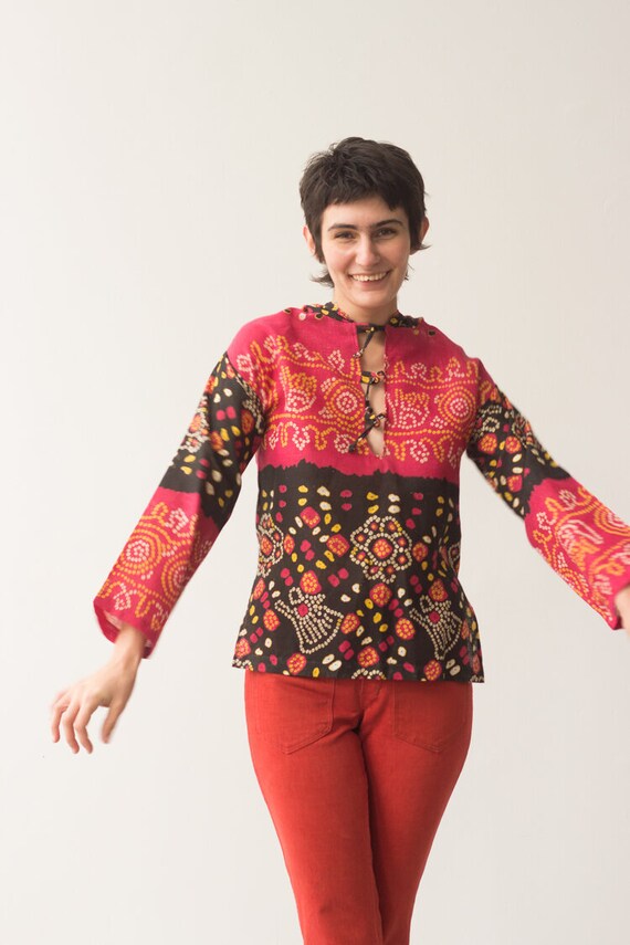 1970s Batik Cotton Voile Hooded Tunic
