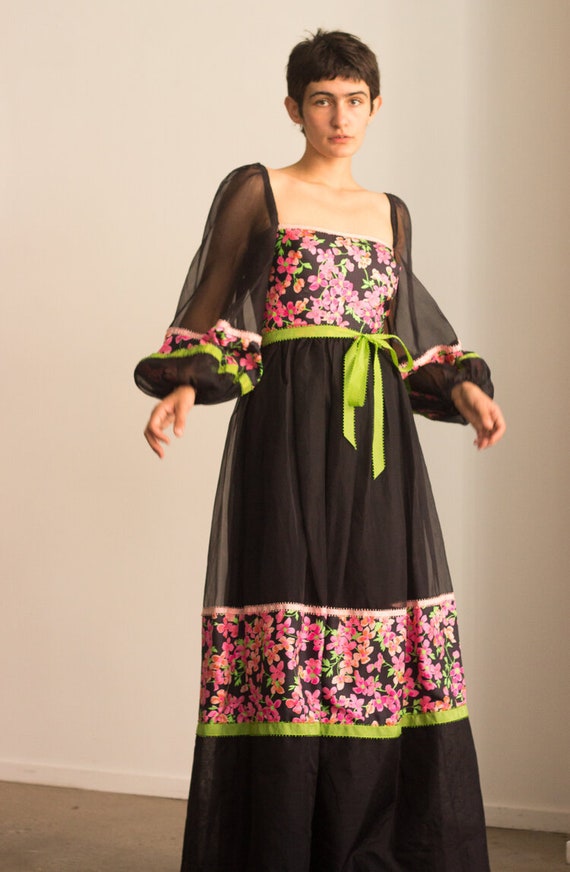 1970s Organza Maxi Dress with Floral Silk Insets