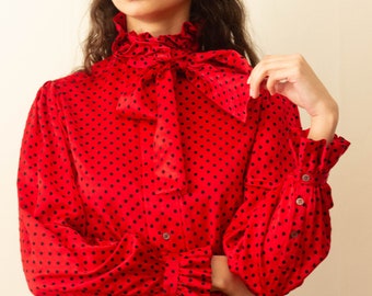 Late 1970s Turnbull & Asser Red Dotted Silk Blouse