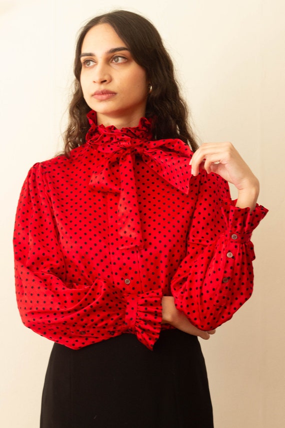 Late 1970s Turnbull & Asser Red Dotted Silk Blouse