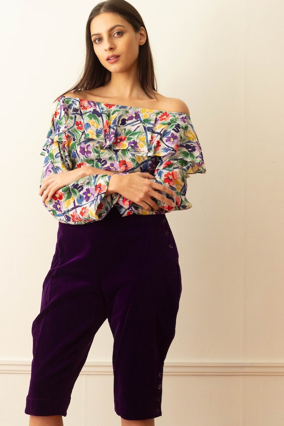 1980s Norma Kamali Floral Print Ruffled Blouse