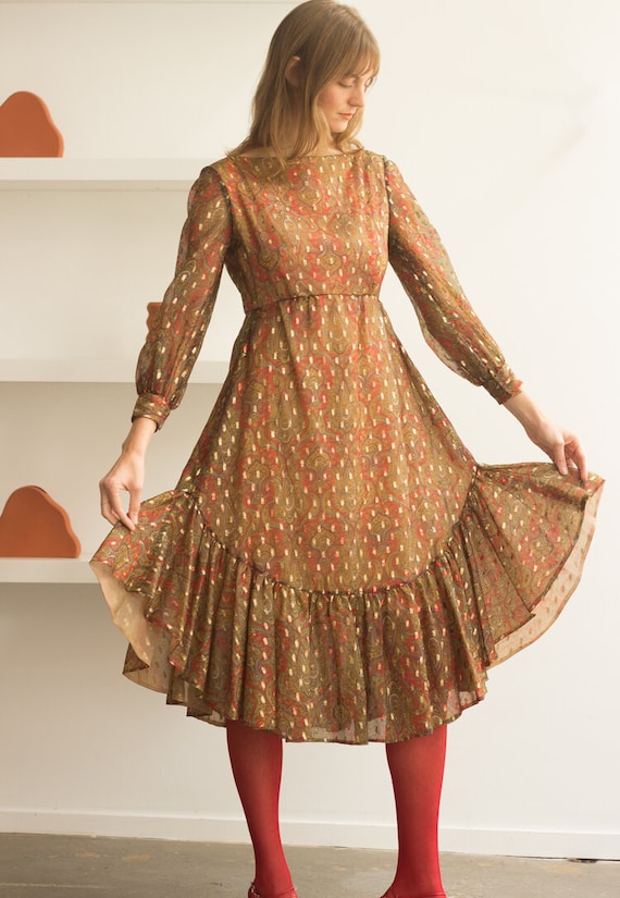 1960s Malcolm Starr Paisley Lurex Ruffled Dress