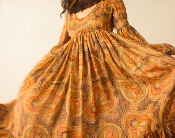 1969 Beene Bazaar Paisley Georgette Empire Dress With Fringed Shawl