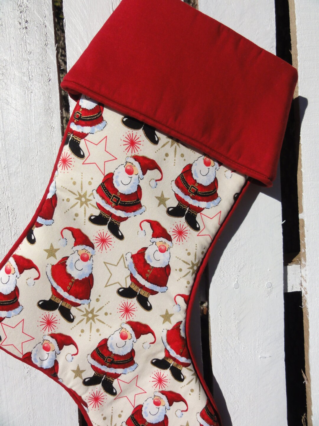 Handcrafted Santa Claus Print Christmas Stocking, Red Cotton Cuff - Etsy