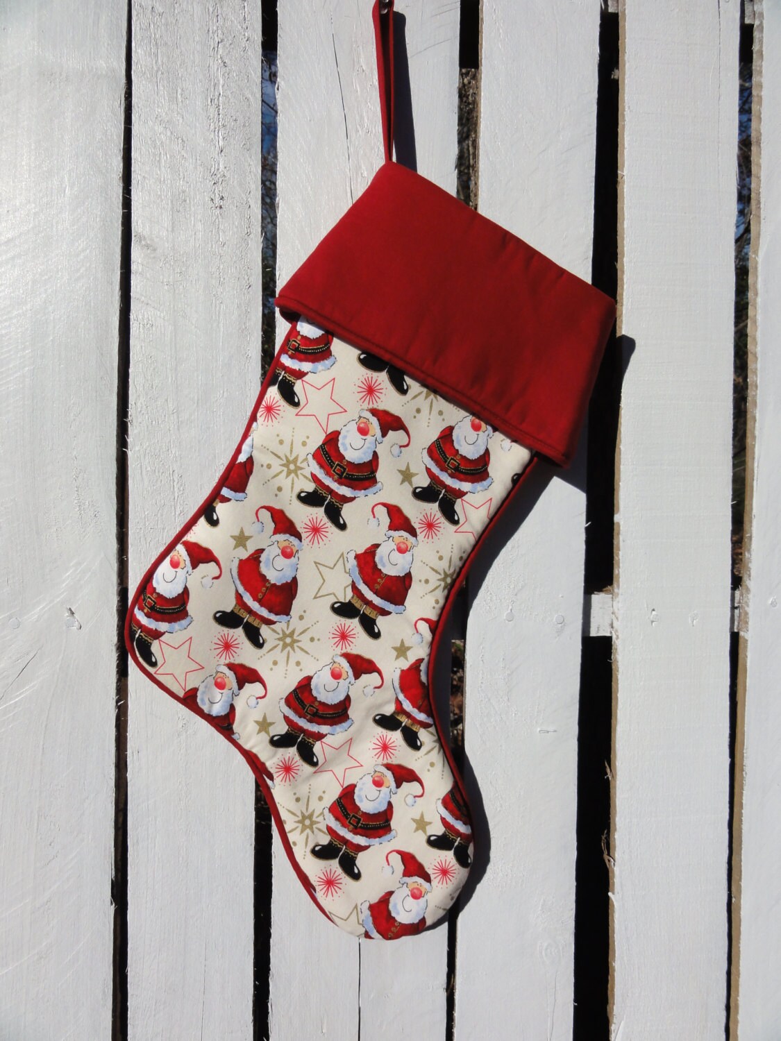 Handcrafted Santa Claus Print Christmas Stocking, Red Cotton Cuff - Etsy
