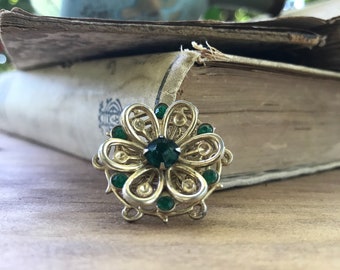 Vintage Emerald Rhinestone Gold Toned Flower Brooch