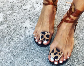 Kelly Sandal - Brown Cow Print Toe with Brown Straps