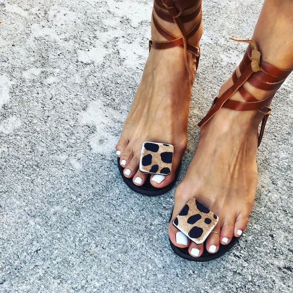 Kelly Sandal - Brown Cow Print Toe with Brown Straps