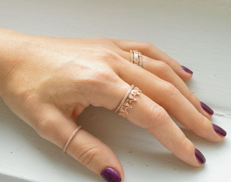 Sterling Silver Ring Knuckle Stack Slim Tiara Ring Princess Crown Ring Rose Gold Ring Stackable Ring Valentine/'s Day