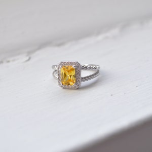 Twisted Rope Citron Ring, Emerald Cut Cocktail Ring, Micro Pave Halo Ring, Cubic Zirconia Promise Ring, Split Shank Ring