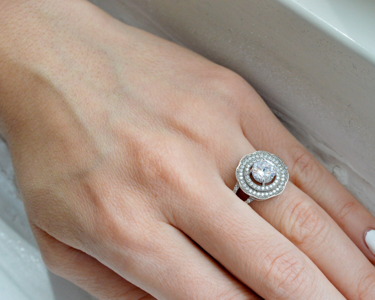 Double Halo Engagement Ring Silver Art Deco Ring Cubic